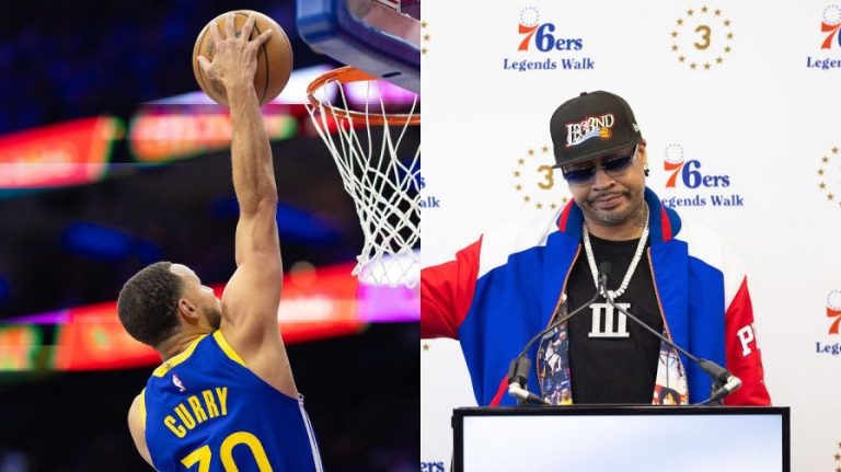 Allen Iverson's emotional reaction to Stephen Curry's tribute wearing an AI-themed Warriors jacket.